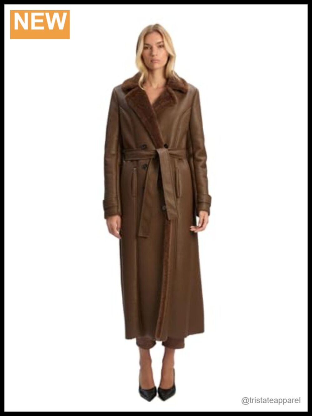 Vegan Leather Shearling Coat Double Breasted Faux Fur Lined Winter Outerwear